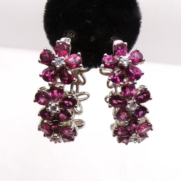 Chuck Clemency Sterling Silver Rhodolite Garnet Flowers Hoop Earrings - Picture 1 of 8